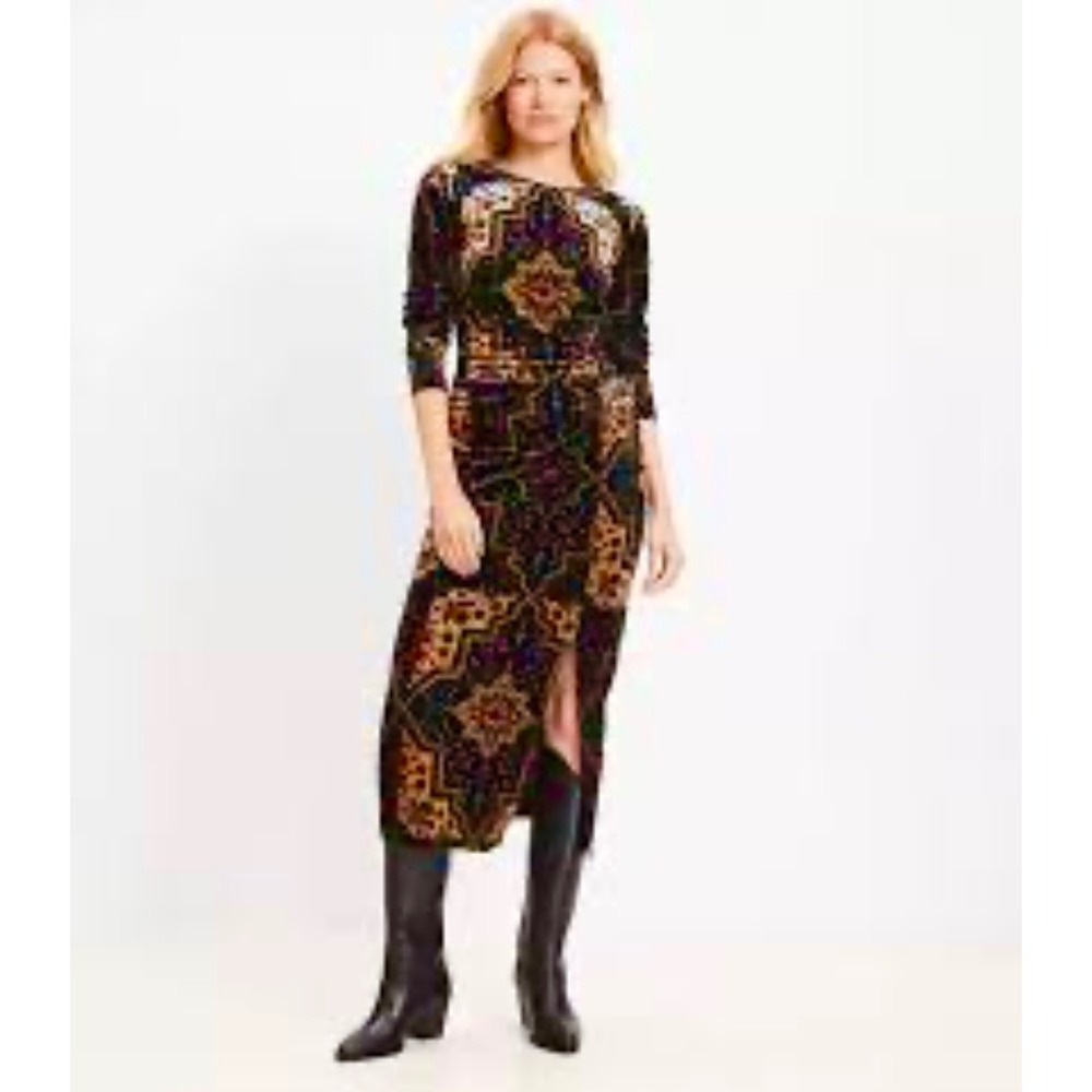 Loft 10 Geo Shirred Velvet Midi Dress Multicolor Ruched Long Sleeve Medallion